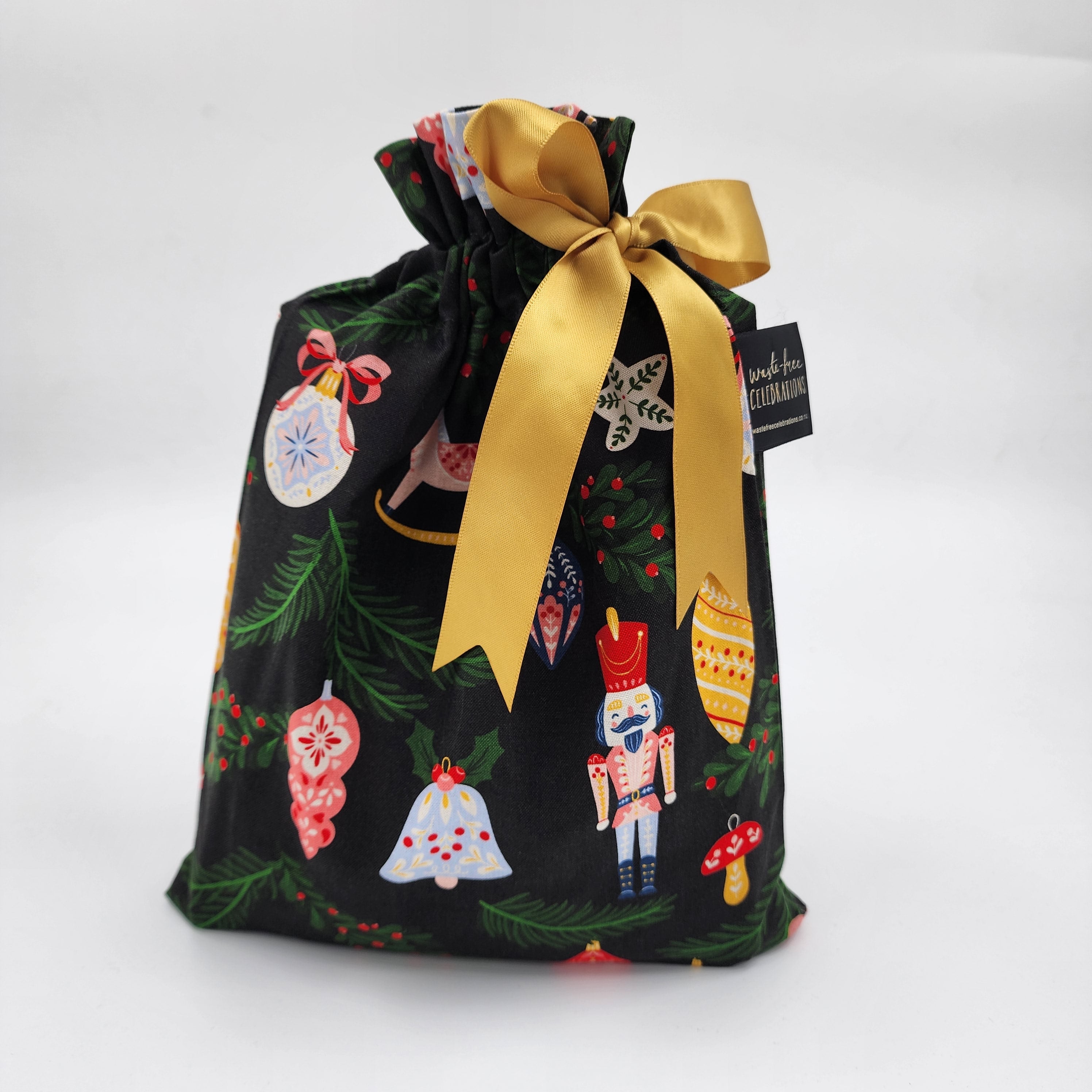 Single Ornaments design reusable gift bag with gold ribbon