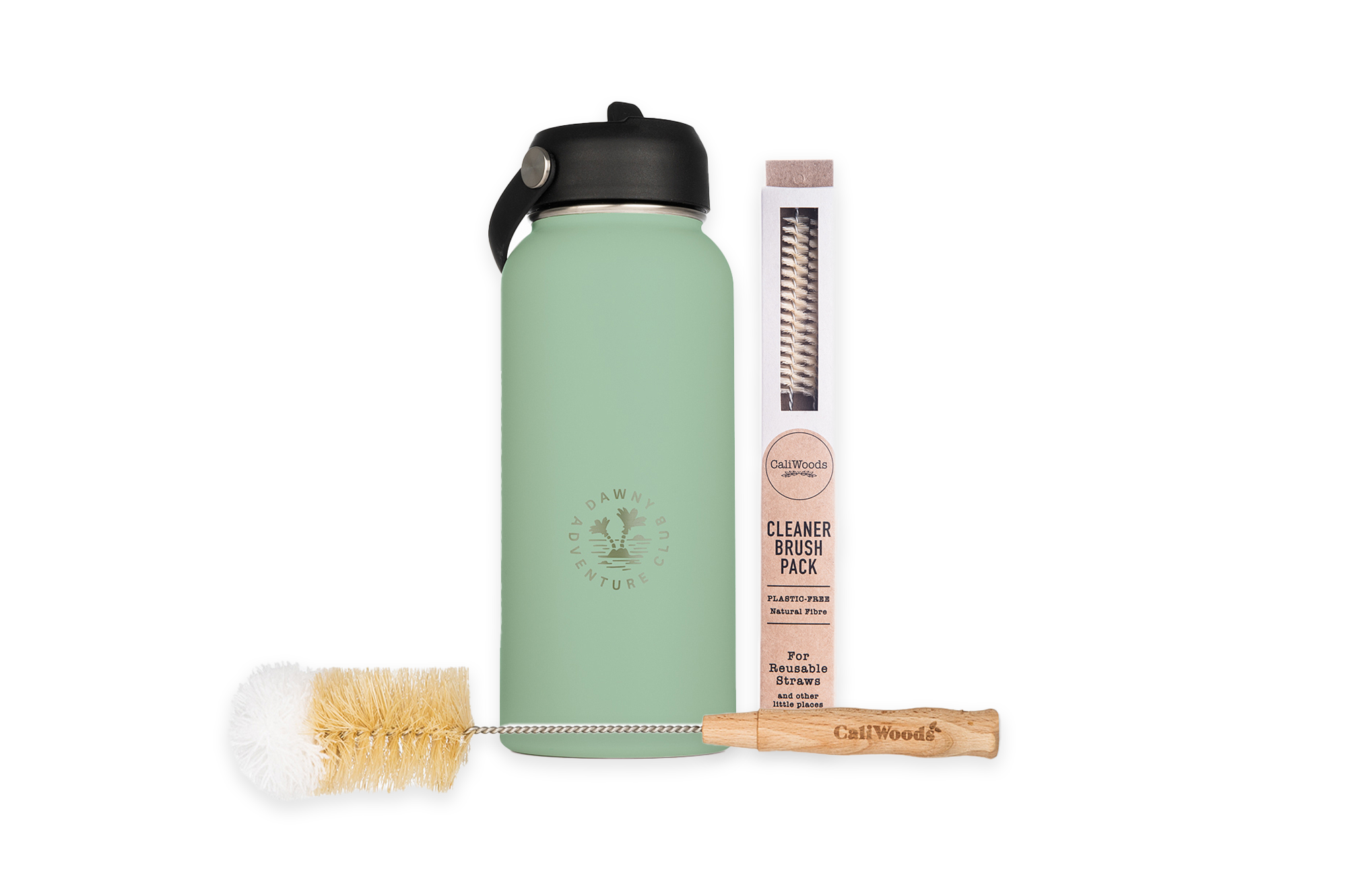 Bottle Cleaning Kit Insulated Stainless Steel Bottle with natural fibre cleaner brushes and straw cleaner brush in Melon on white background