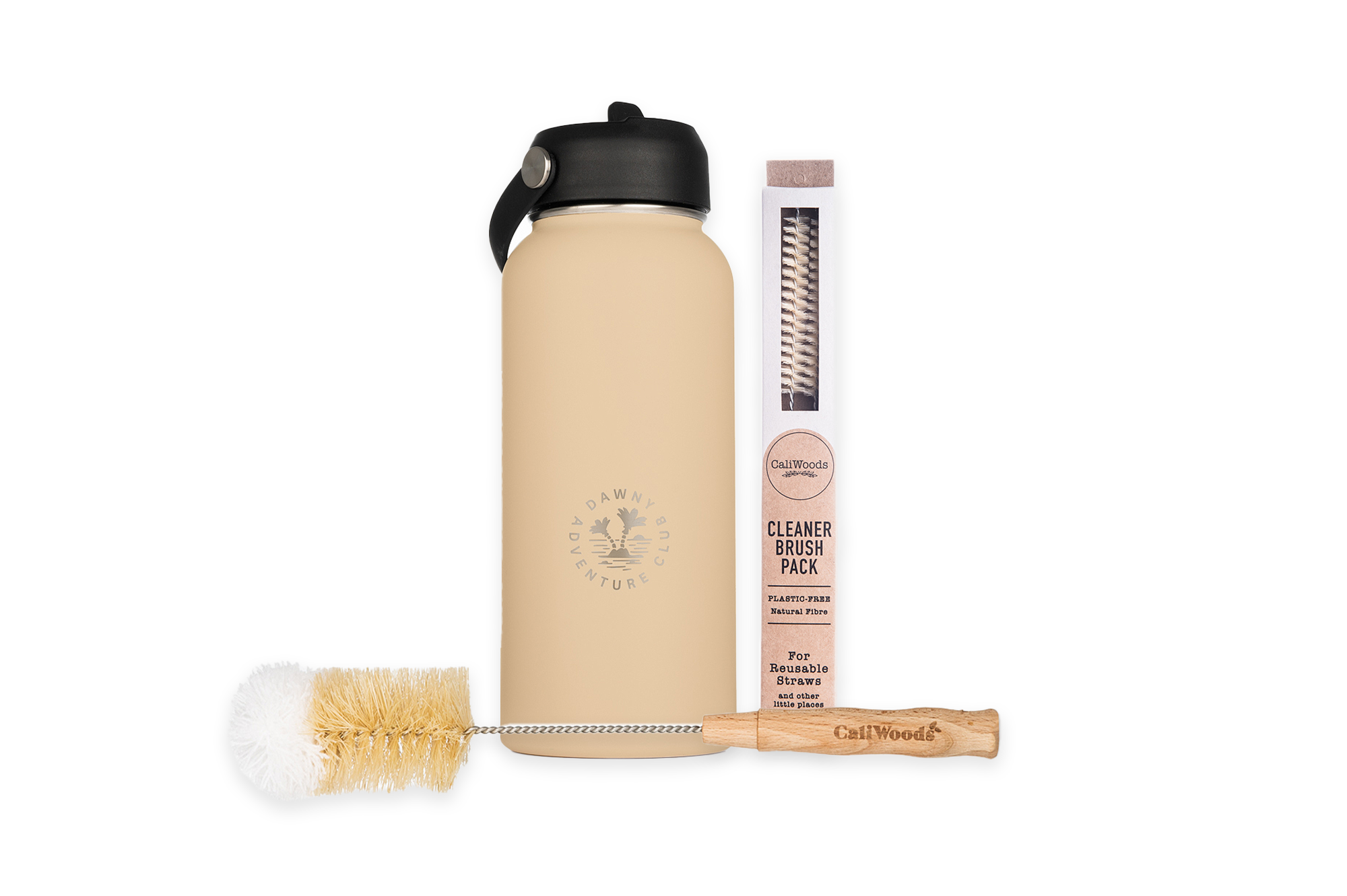 Bottle Cleaning Kit Insulated Stainless Steel Bottle with natural fibre cleaner brushes and straw cleaner brush in Oat on white background