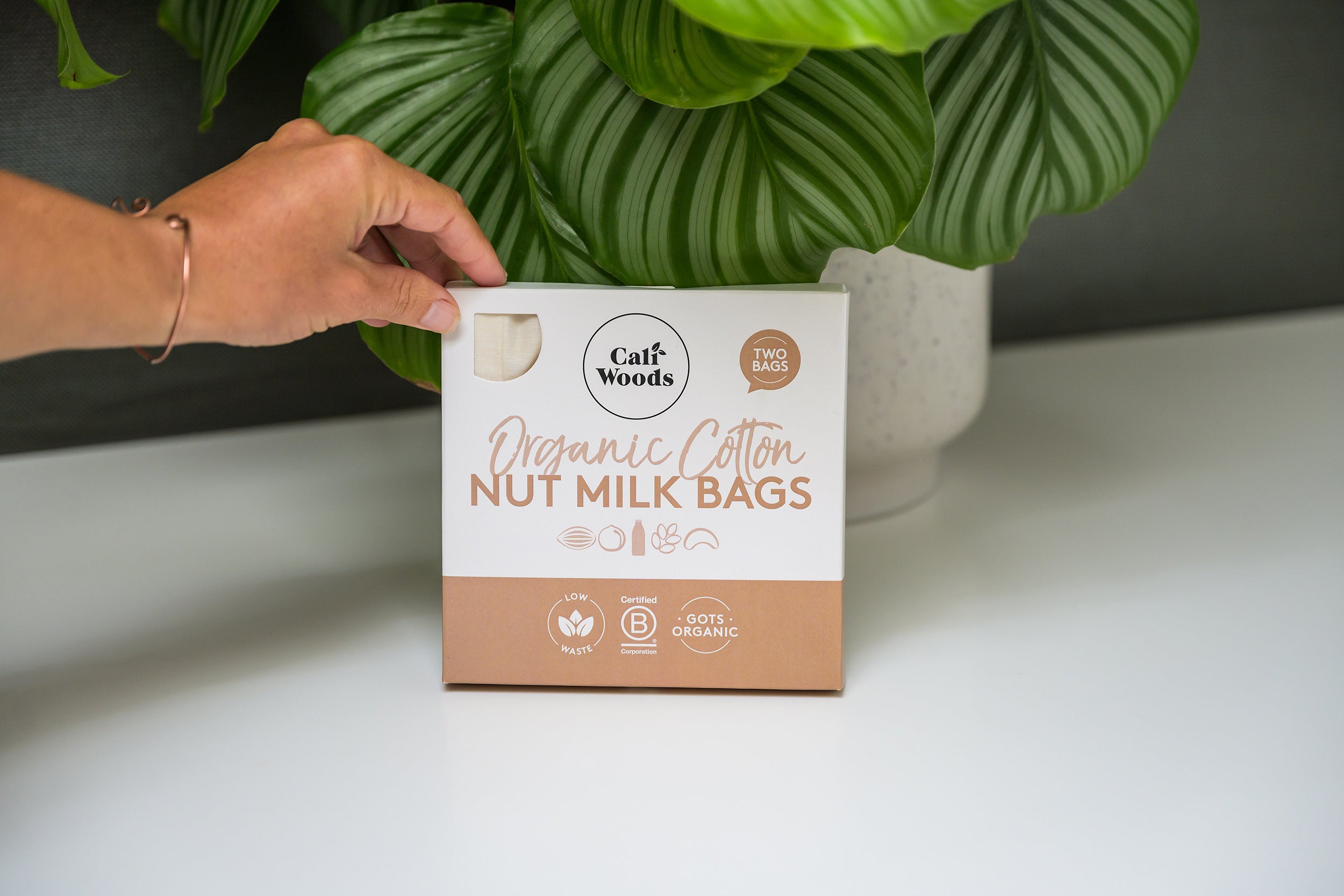 CaliWoods Nut Milk bags in packaging on a kitchen bench