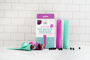 teal and purple reuseable ice block moulds with tiled background