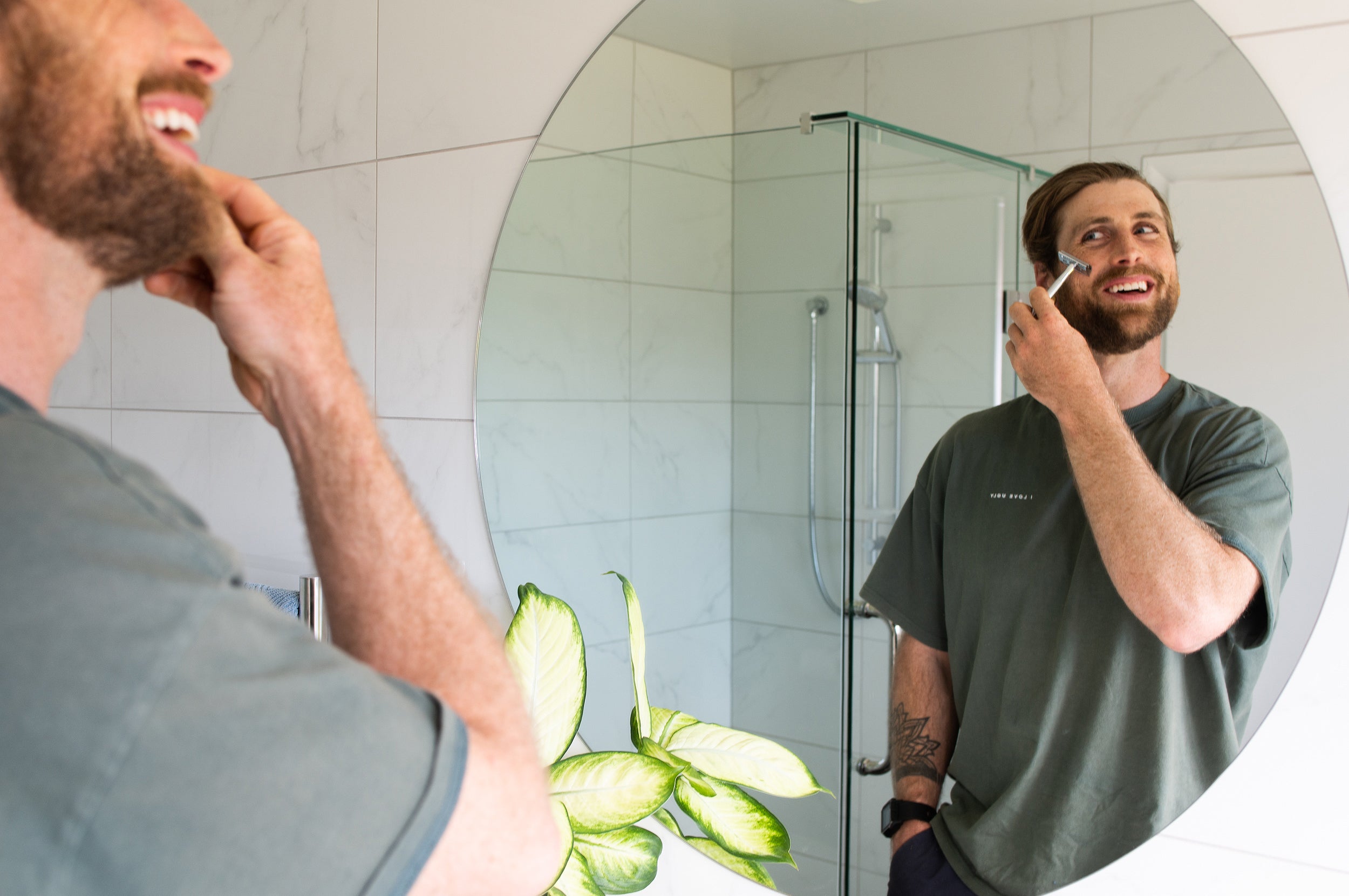 Man shaving face with CaliWoods Safety Razor