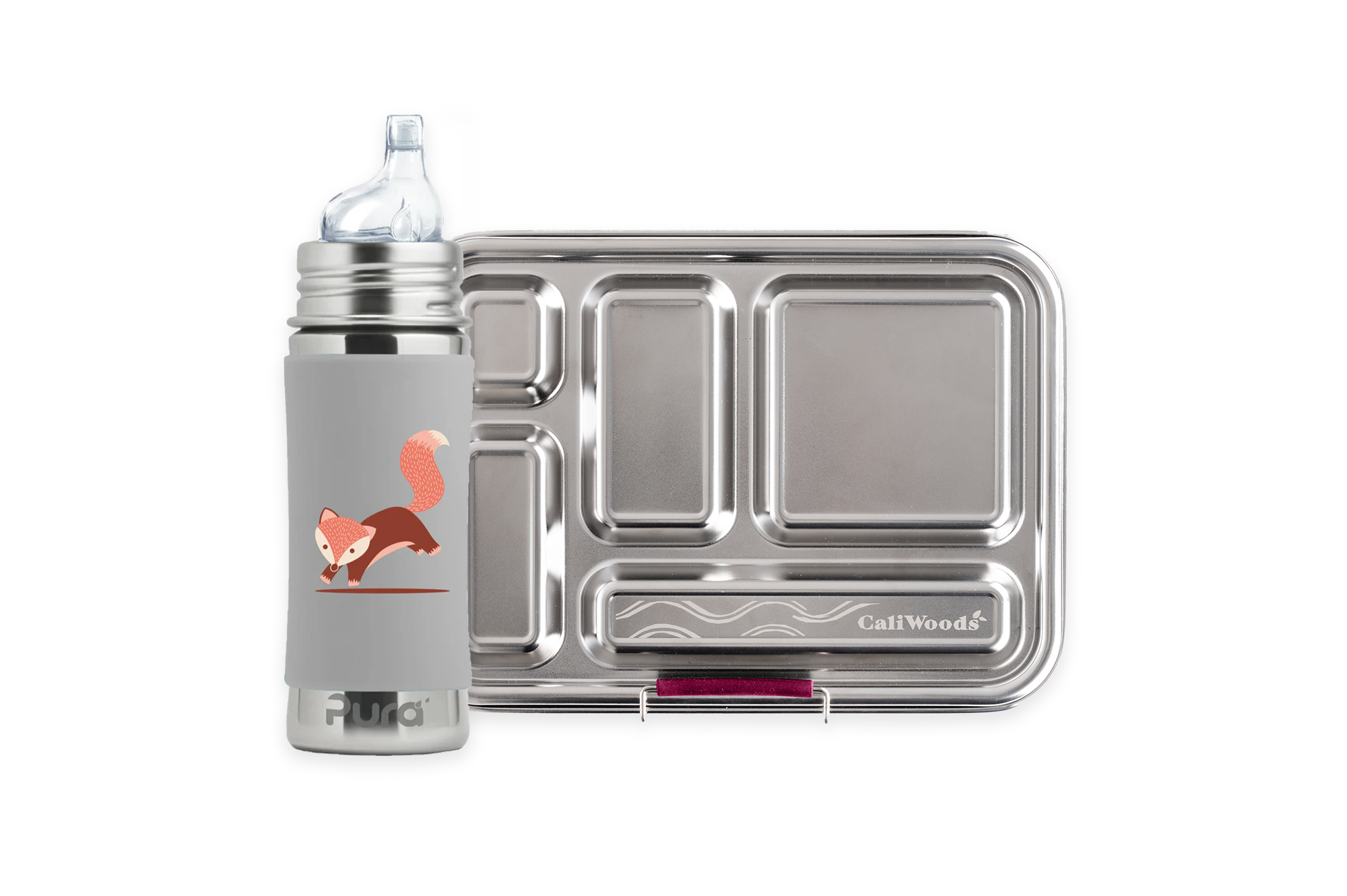 Kids Lunch Kit Insulated Stainless Steel Bento Lunch Box with Pura Kiki Bottle with sippy lid in Grey colour with fox on white background