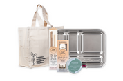 Summer Kit with Organic Cotton Tote Bag, Stainless  Steel Bento Lunchbox, Stainless Steel Spork, Natural Sunscreen and Stainless Steel Smoothie Straw on white background