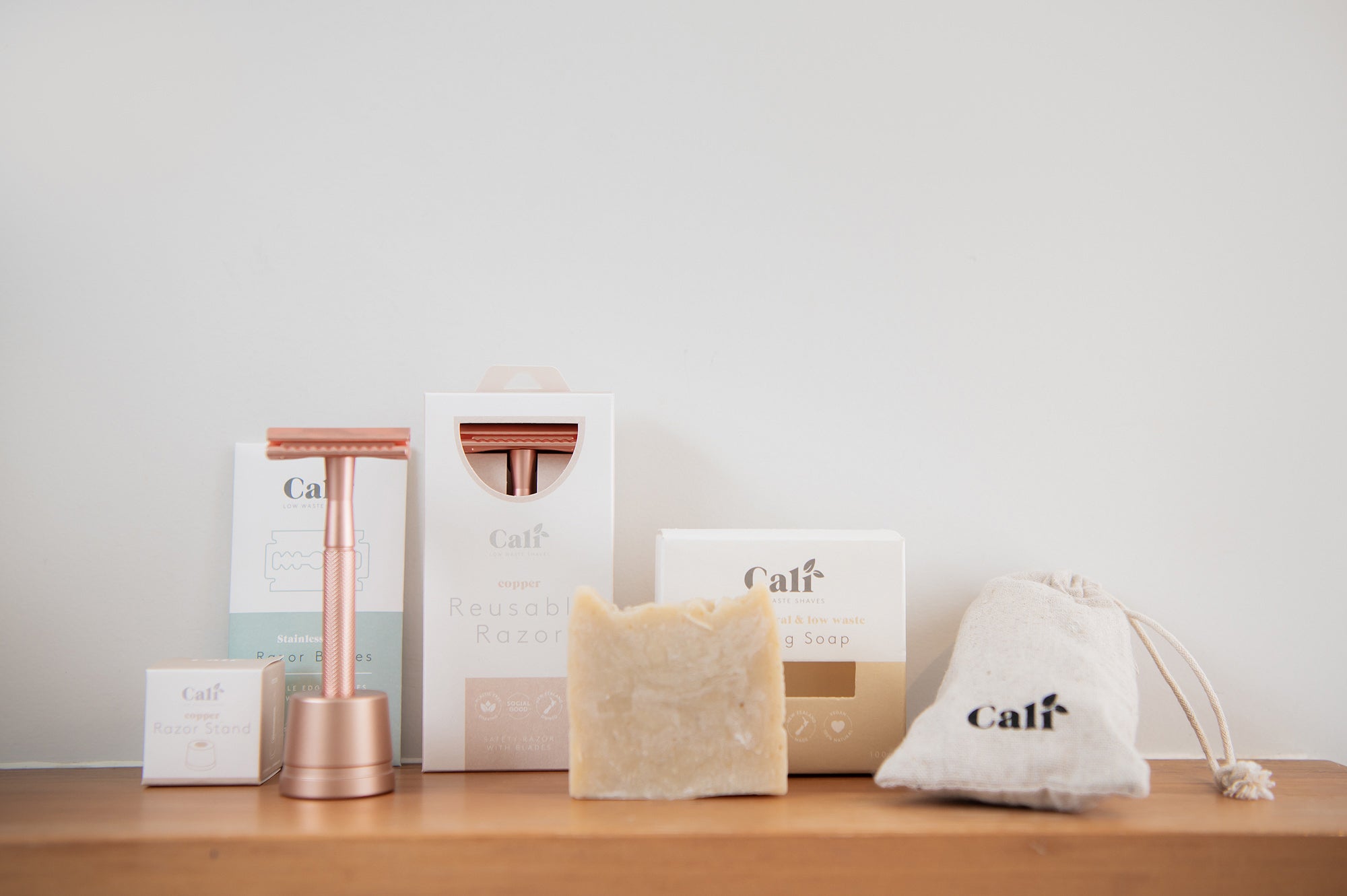 Safety Razor Shaving Kit from CaliWoods on a shelf showing all items