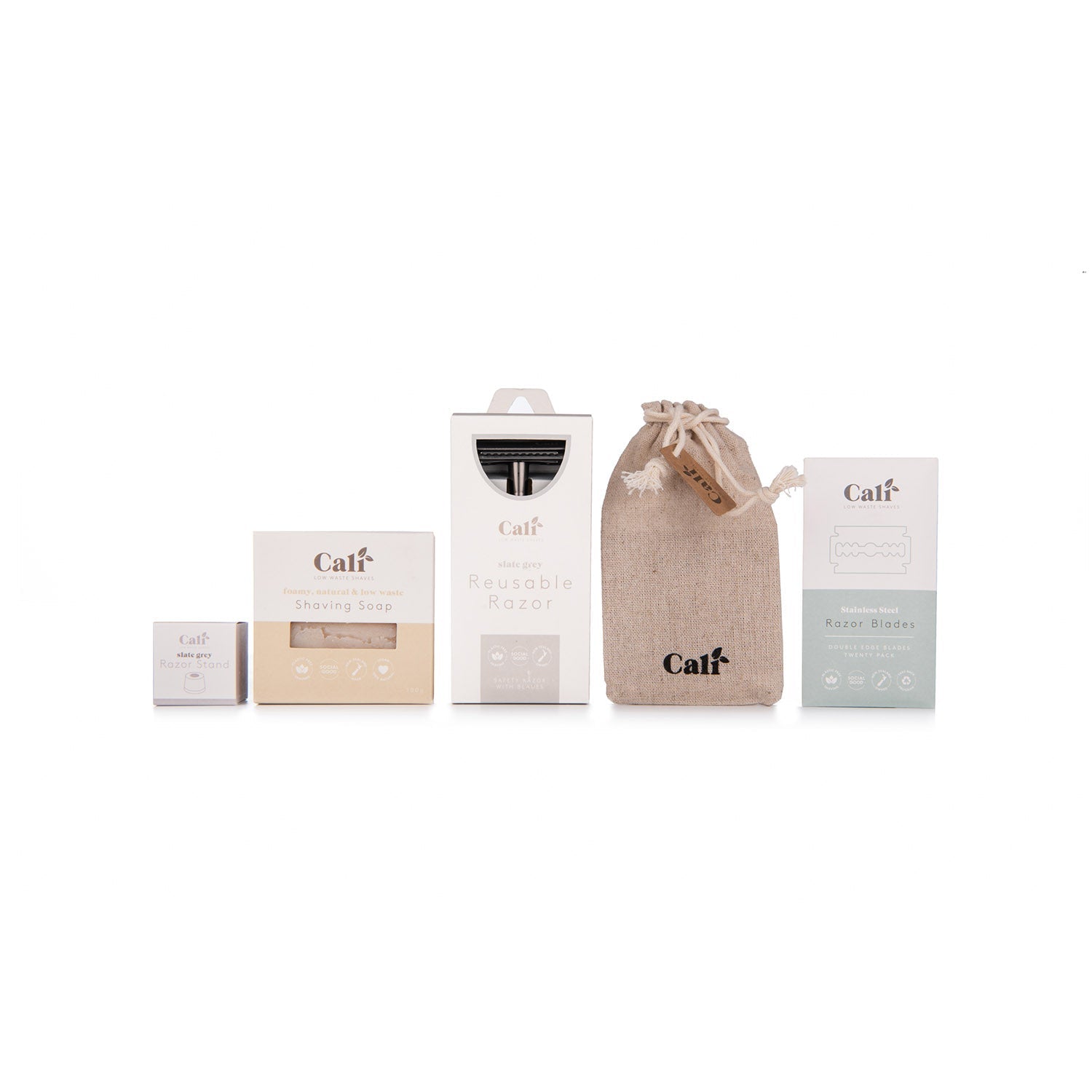 Safety Razor Shaving Kit from CaliWoods in Slate Grey showing each individual item on a white background