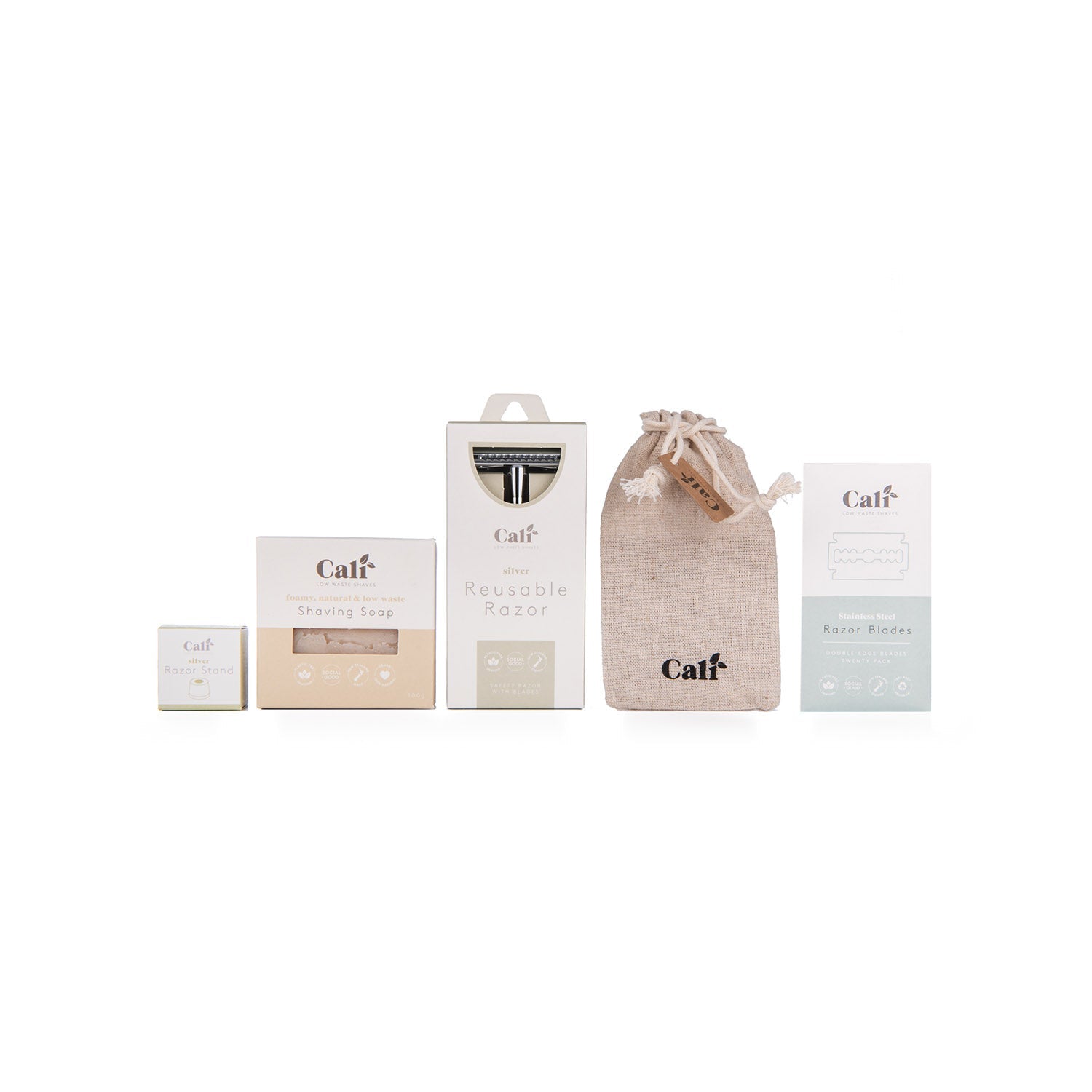 Safety Razor Shaving Kit with stand in Silver colour, each item laid flat against white back ground